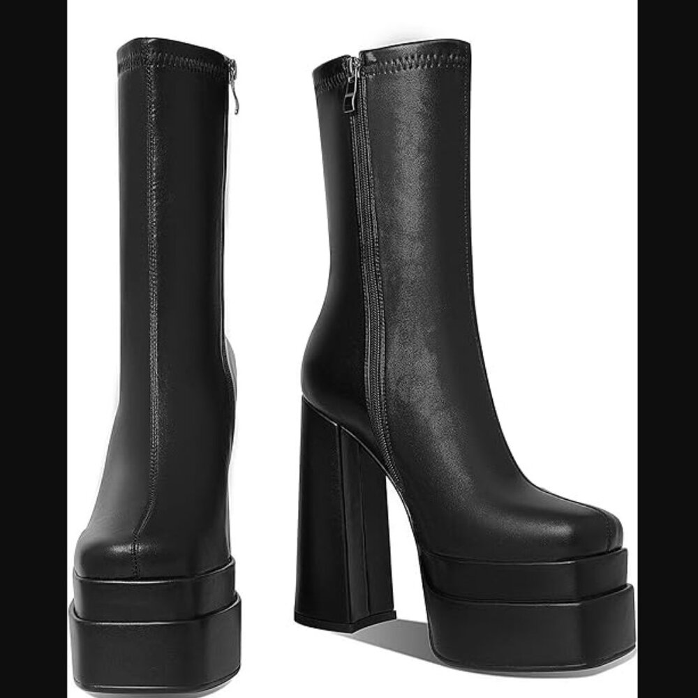 Black Platform PU Mid Calf Boots with Chunky High Heel